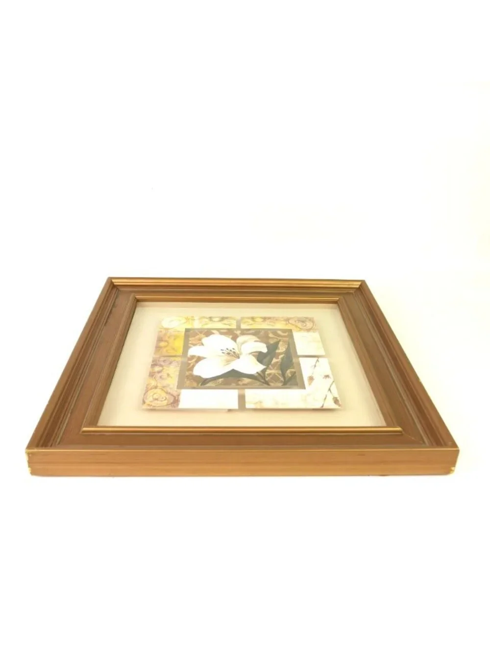 Vintage White Lily Floral Wall Art Collage Print Gold Color Frame 16” Square